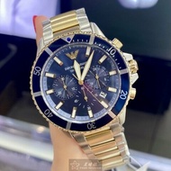 ARMANI手錶,編號AR00042,44mm寶藍錶殼,金銀相間錶帶款