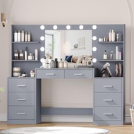 [nqru] Makeup Vanity Table with Mirror & Lights Vanity Desk with Power Strip Large Drawer & Six Open