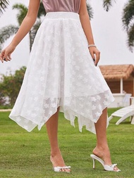 SHEIN DECDS 復古優雅白色不對稱網紗裙，不規則翻邊傘裙，適用於春夏母親節裝扮夏威夷海灘女裙度假服裝