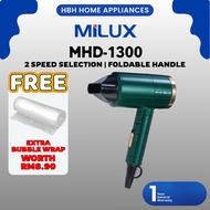 Milux Hair Dryer MHD-1300 | Foldable Handle | Hanging Loop | 2 Speed Selection | Hair Dryer