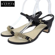 香奈兒 G 字五金配件，珍珠 Coco 標誌，鏈條設計，後跟帶涼鞋，女士，黑色和米色，36 碼，G31705