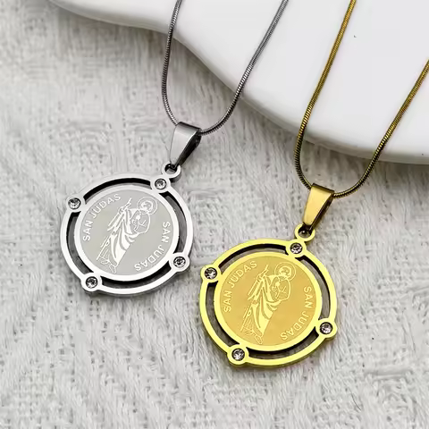 San Judas Tadeo Stainless Steel Pendant Necklace for Men Women Rhinestone Saint Jude Thaddeus Religi