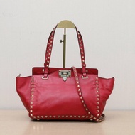 VALENTINO 鉚釘手提托特單肩包小號紅色牛皮金扣肩背包