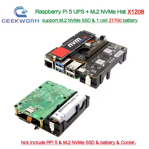 Geekworm X1208 V1.0 UPS M.2 NVMe Hat Power Management Board for Raspberry Pi 5 Supports 1 Cell 21700