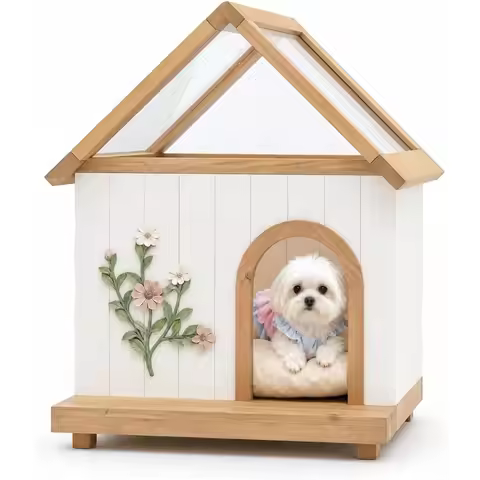 Indoor Sunlit Dog House with Handcrafted Carvings and Ultra Soft Bed Mat for Small Dogs (26.77D x 21