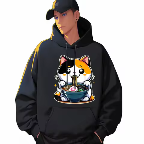 Kawaii Calico Cat Ramen Pink Graphic Tees Oversized Hoodies Men New Pullover Hoodies