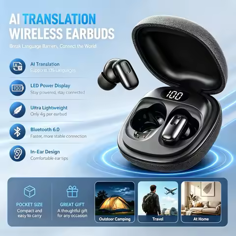 HTC NE75 Wireless Headphones 135 Language AI Translator Earbud Low Latency Battery Display Long Batt