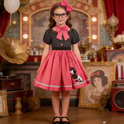 1950s Poodle Polka Dots Dress Vintage 50s Outfits For Children Girls Retro Birthday Party Carnival S