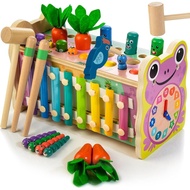 6-in-1 Wooden Montessori Toys for 1 Year Old, Mole-Tapping Game | Play The Xylophone | Frog Clock | 