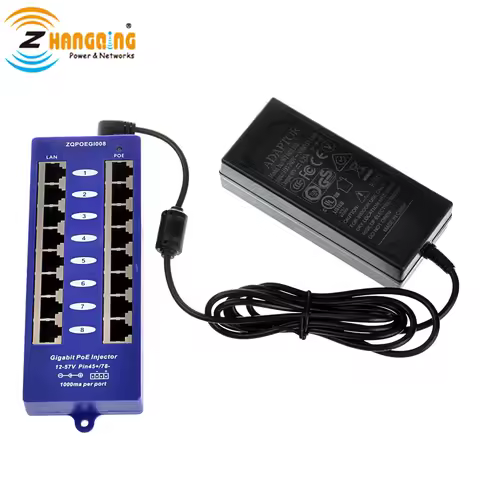 Gigabit Passive PoE Injector 8 Port Ethernet PoE Panel with 48 Voltage 60 Watts Power Adapter Supply
