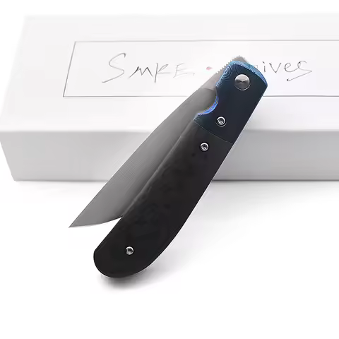 Smke Knives Bull Trapper Front Flipper Folding Knife Satin S90V Blade Timascus And Carbon Fiber Hand