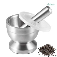 DELMER Mortar and Pestle, Double Stainless Steel Sturdy Spice Grinder, Easy To Clean Durable with Lid Rust Resistant Pill Crusher Kitchen Utensil