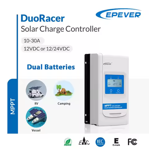 Epever Duo Racer MPPT Solar Controller 20A 30A Solar Charge Dual Battery 12V/24V Remote for Campe 12