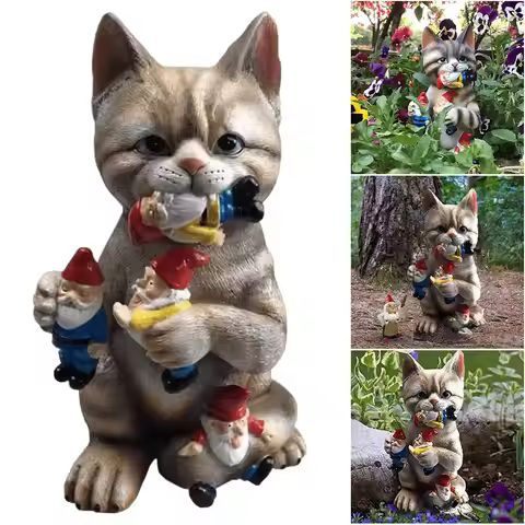 Cat Eating Gnomes Statues Cat Eating Gnomes Figurines Resin Decorative Garden Ornament for Outdoor L