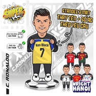 Standee model printed with image of player Cristiano Ronaldo CR7 holding a football shirt with name 