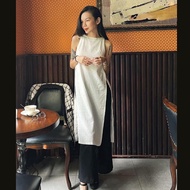 Áo dài cách tân Linen bột Premium không tay chất vải Linen tự nhiên mộc mạc - Áo trắng Quần đen