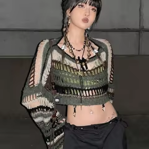 American Style T-shirts for Women Knitted Y2k O-neck Retro Cool Girls Spring Tops Outwear Fashion Lo