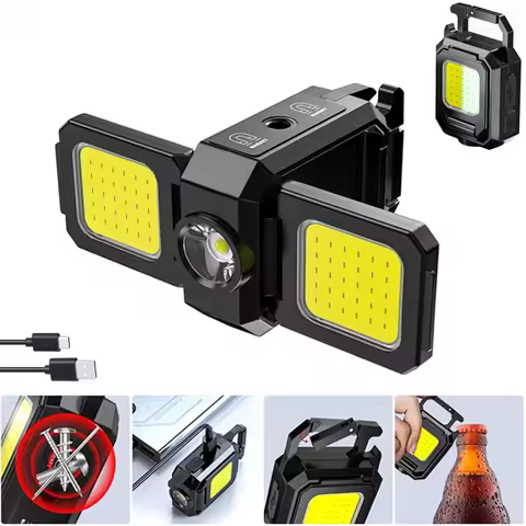 Mini Flashlight Keychain Light COB Work Light USB Rechargeable Lamp With 90° Foldable Side Lights Su