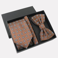 Brown Brown Retro Tie Set Men's Cashew Flower Tie Bow Tie Pocket Square Gift Box Set