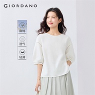 GIORDANO Women Blouses Linen Cotton Hollow Strap Patchwork Shirts Crewneck Elbow Length Sleeve Fashi