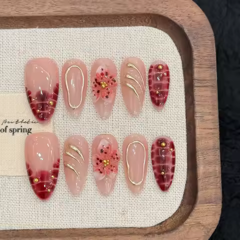 Handmade Press On Nails Almond False Nails 3D Flower Decor Fashion Glitter Nail Art Wearable French 