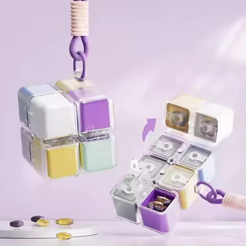 1PC Magic Cube 8-Grid Medicine Storage Box Sealed Moistureproof Travel Essential with Hanging Rope C