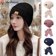 MEIHUAA 2PCS/Set Women Hats Gloves Set, Warm Ear Protection Knitted Hat, Winter Windproof Soft Plush