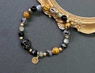 招財化太歲-金彼得石x灰月光x黑瑪瑙x黑髮晶x黑曜石龍龜黃銅手鍊