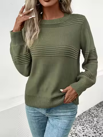 JIM & NORA Casual Round Neck Pleated Sweater Design Women's Solid Color Autumn American Vintage Top 
