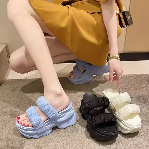 CINESSD Summer Platform Slippers Women Blue Pleated Riband Discolor Ladies Chunky Sole Beach Cool We