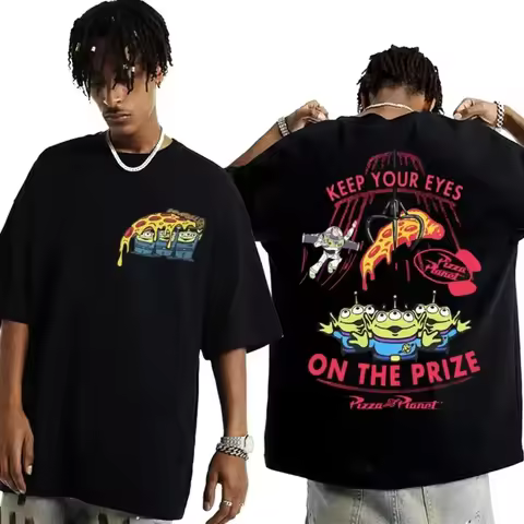 Double Sided Fun Pizza Planet Design T-shirt, Men's Fashion Cartoon T-shirt, 100% Cotton Casual Shor