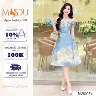 Váy Thiết Kế MDU5145 Gam Xanh Ngọc Ánh Bạc Dáng Xòe Vai Trễ Cổ Tim Quý Phái Tinh Tế Và Tôn Dáng Từ M