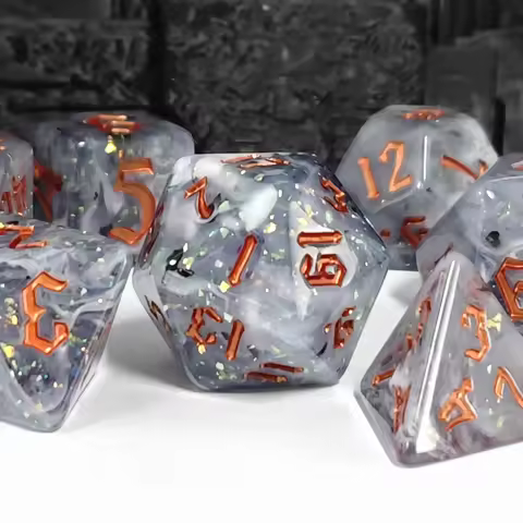 7Pcs/set Enchanted Grey Swirl Glitter Dice with Orange Ink Resin Dice Set Knight's Tale Theme Dice S