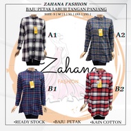 Muslimah Petak Plaid Women Blouse Labuh Kotak Cotton | Blouse Kotak Flannel Long Sleeve | Kemeja Tan