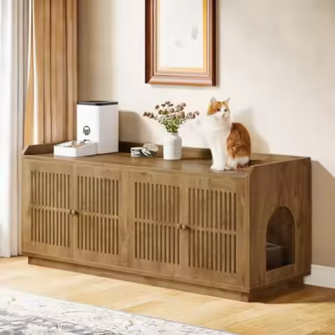 2 Cats Litter Box Enclosure 55.1-Inch Extra Large Hidden Litter Box Furniture with 2 Cabinets and Si