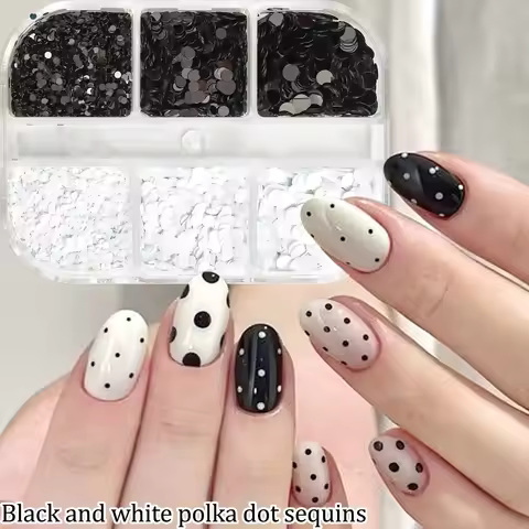Black and White Polka Dot Glitter Nail Art Accessories, Retro Floral Patchwork Glitter Nail Art, DIY