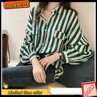 Stripe Blouse Women Plus Size Baju Jalan Perempuan Korean Style Baggy Shirt Thin Casual Blause Wanita