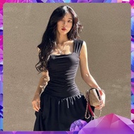 lovito dress lovito GirlsAt18 French Wide Strap Chiffon Slip Dress Feminine Skirt Black Cinched Waist Long Skirt
