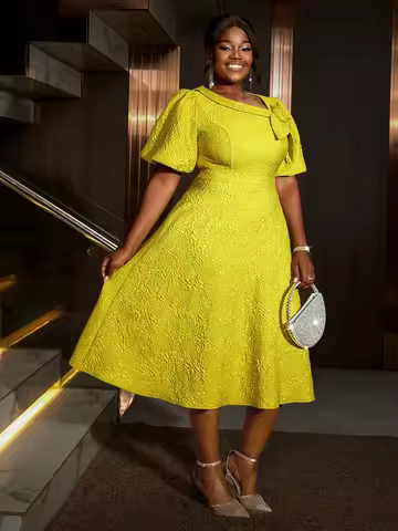 Aomei Women Elegant Yellow Jacquard A-line Dres Diagonal Collar Short Puff Sleeve High Waist Prom Ev