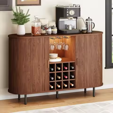 55-inch bar cabinet with LED lights, modern liquor and whiskey coffee station with wine rack and gla