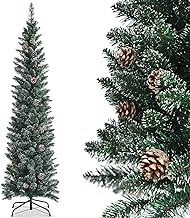ANSACA 6FT Slim Pencil Tree, Snowy Artificial Christmas Tree with 267 PVC Branch Tips &amp; 31 Pine Cones, Full Holiday Decoration Tree for Xmas, Festival Celebration Tree for Home, Office &amp; Shop