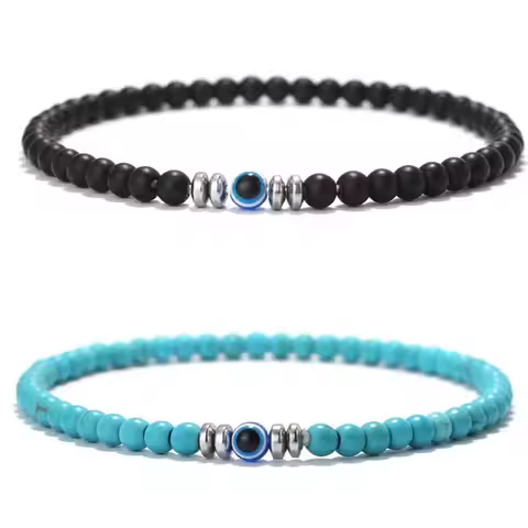 Trendy 2Pcs/Pair Evil Eyes Beads Bracelet Men 4mm Onyx Howlite Tiger Eyes Stone Elastic Braslet Homm