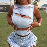Plus Size Fashionable Sexy Sleeveless Hollow-Out Denim Top Y2k Summer Clothes Ladies Clothes Yk Outf