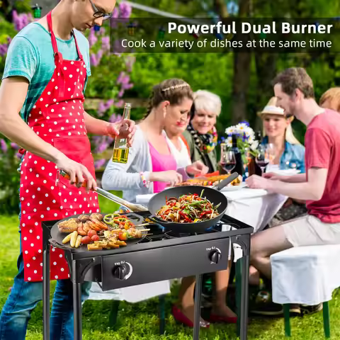 Outdoor 2 Burner Propane Stove with High-Pressure 20PSI Regulator Energy-Saving Gas Grill ABS Switch