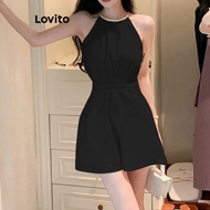 COD Lovito Elegant Plain Metal Basic Jumpsuit for Women LNE30044 (White) Lovito Jumpsuit Basic Metal