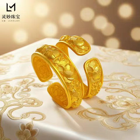 Sentimental Bangle Women's 24K Gold AU999 - Full Gold Peony Open Bangle, Nine Flowers Wedding Blessi