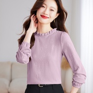 Ammin 2025 mùa xuân mới ngọt ngào peplum cổ tròn dài tay áo áo voan phụ nữ phong cách phiên bản hàn 