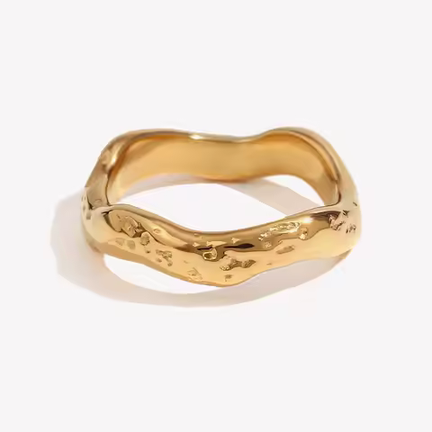 E.B.belle Beat Pattern Wave Plain Ring Waterproof Tarnish Free 18K Gold Plated Women's Rings 316L St