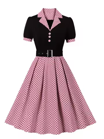 2024 New Fashion Polka Dot Vintage Pleated Dresses Retro Notched Collar Elegant Summer Women Short S