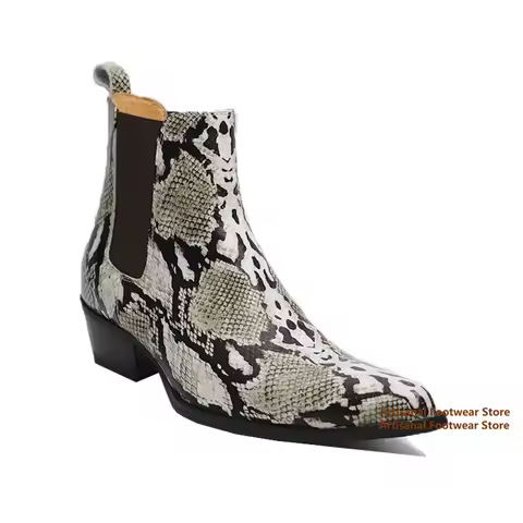 Snake Pattern Chelsea Boots Elastic Band Height Increasing Men's Boots Trendy Handmade Brand Designe
